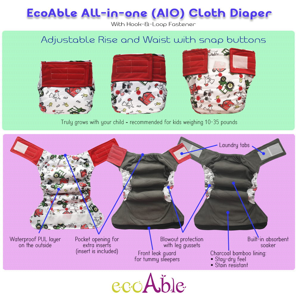 EcoAble Baby All-in-one Cloth Diapers with Hook-&-Loop, 6-pack Hook-&-Loop AIO Cloth Diapers with Charcoal Bamboo Inserts, Value Pack Bundle