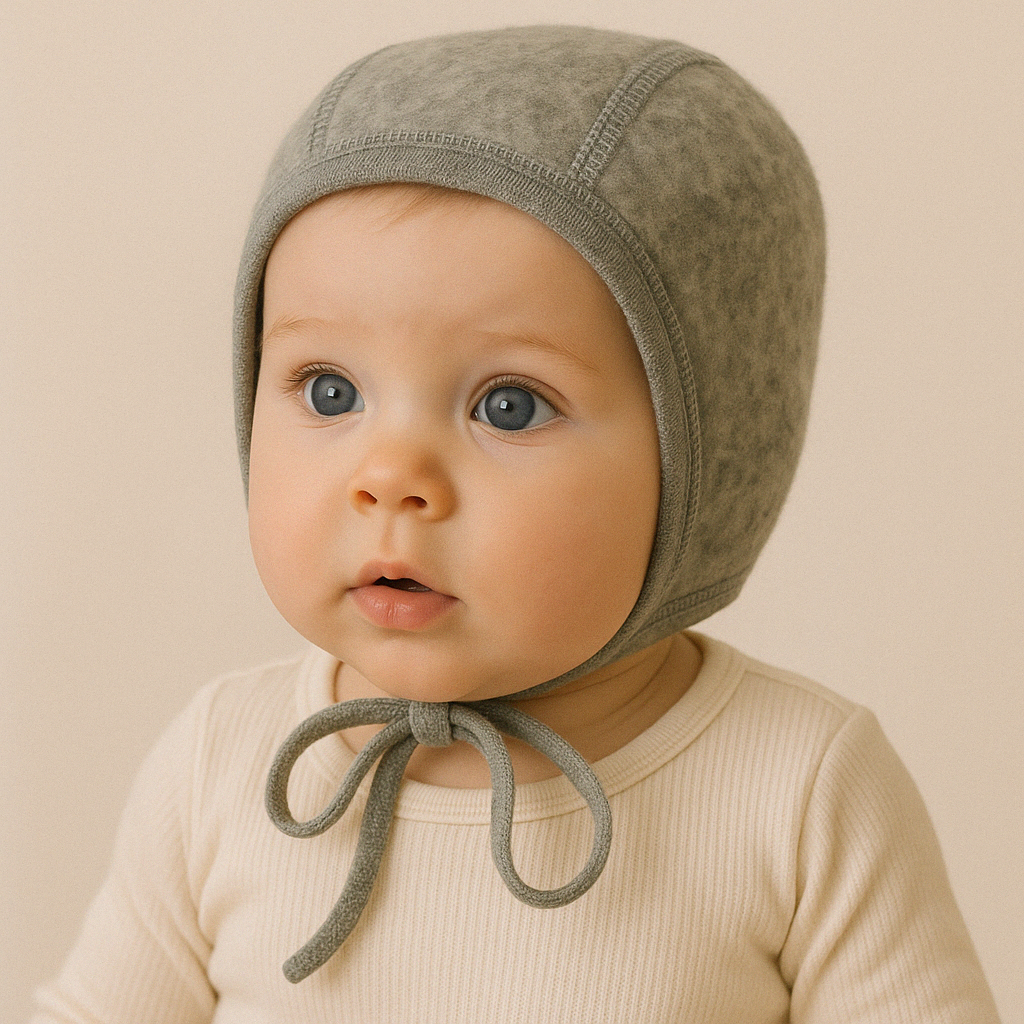 Engel baby pilot hat in organic merino wool—snug winter bonnet that protects infant ears