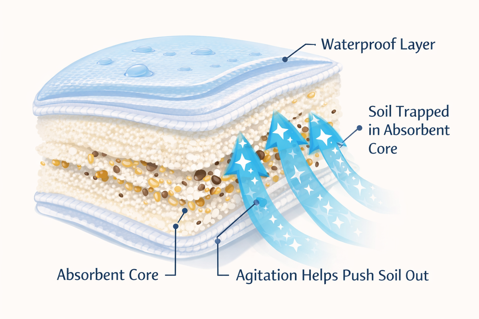 cross section of cloth diaper insert showing soil trapped in absorbent layers and agitation cleaning process