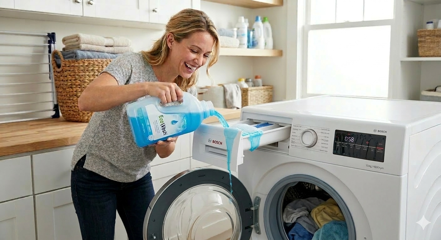 woman pouring too much liquid laundry detergent into washing machine dispenser causing overflow