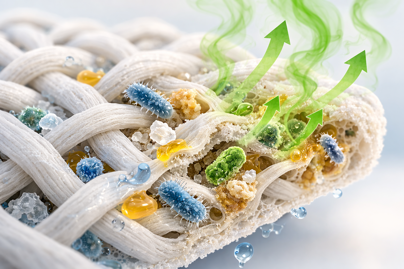 cross section of cloth diaper fibers showing trapped residue and bacteria causing odor