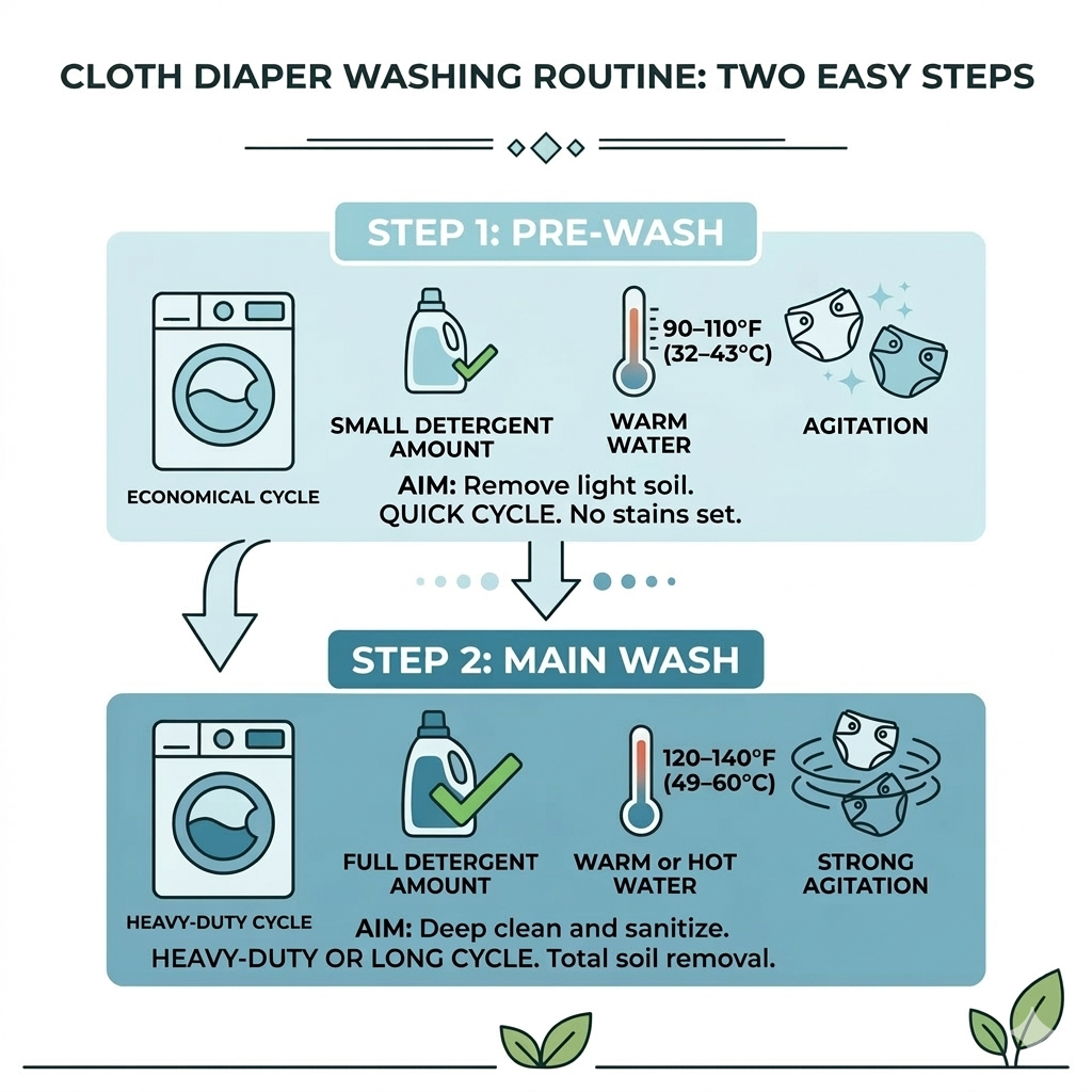 diagram showing two step cloth diaper wash routine with pre wash and main wash cycles