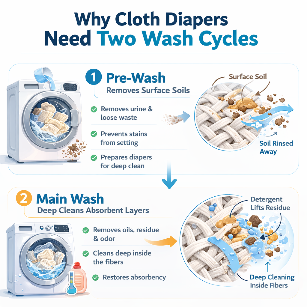 infographic showing two step cloth diaper washing routine with pre wash removing surface soil and main wash deep cleaning absorbent layers