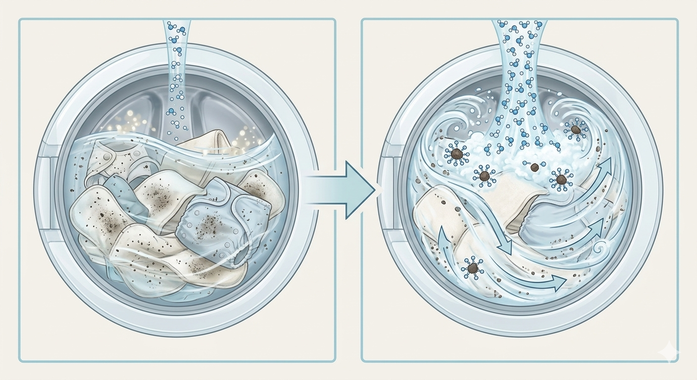 cloth diaper washing routine showing pre wash and main wash cleaning process in washing machine