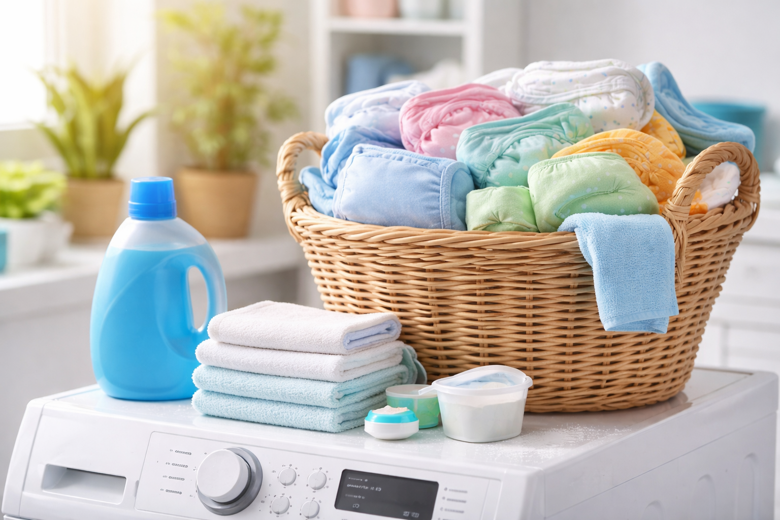 cloth diapers and laundry items prepared for washing routine