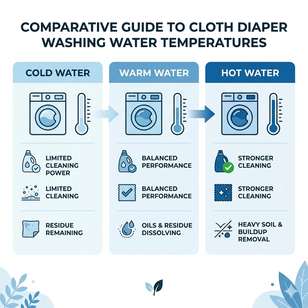 infographic comparing cold warm and hot water temperatures for washing cloth diapers