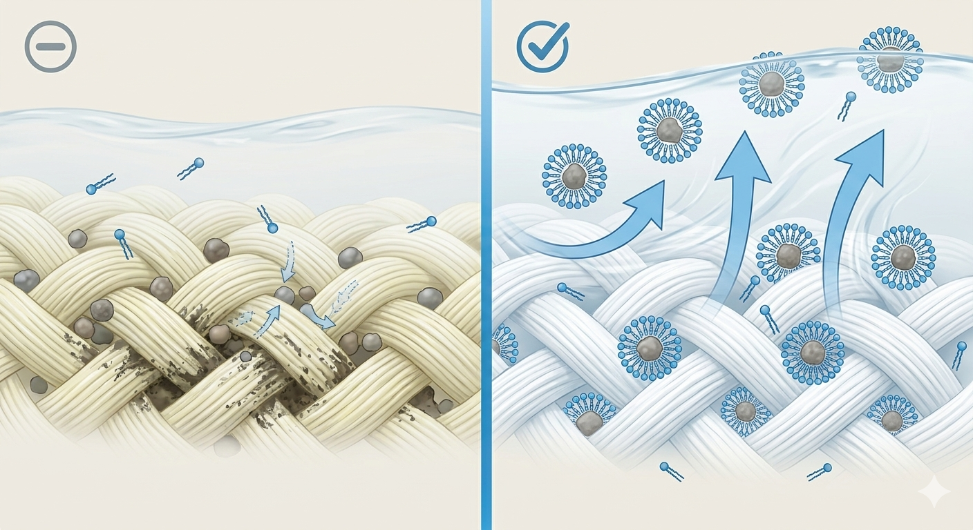 comparison of cloth diaper fabric cleaned with too little detergent versus correct detergent amount