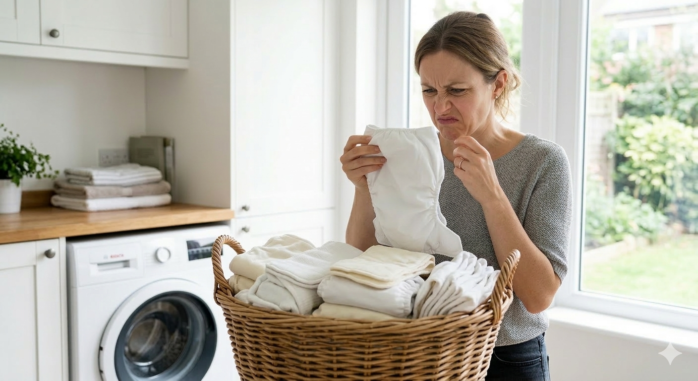 woman noticing unpleasant odor from clean cloth diapers in a laundry basket near a washing machine