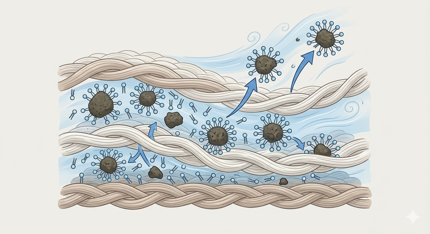 detergent molecules lifting soil and residue from cloth diaper fabric fibers