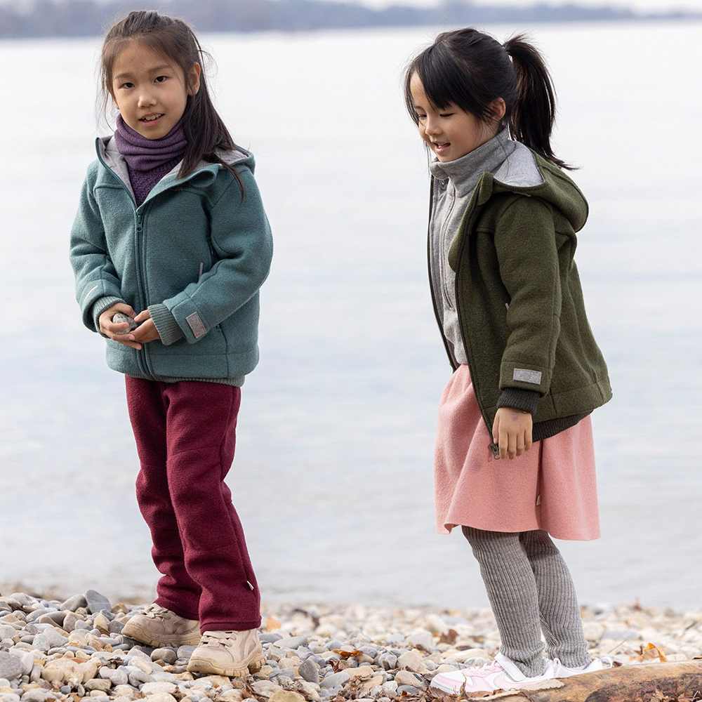 Disana kids winter jacket in organic boiled merino wool—wind-resistant outer layer for boys and girls