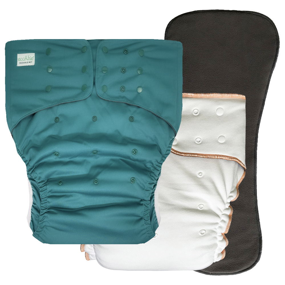 EcoAble Pocket Cloth Diaper 2.0 — Three-Piece Day & Night Set with Fitted Diaper EcoAble adult pocket cloth diaper 2.0 with fitted diaper in Pacific colorway — three-piece day and night set