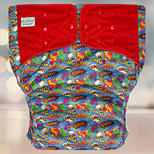 EcoAble Diaper Cover 2.0 with Bang Boom Comic print—vibrant onomatopoeic words in bold colors.