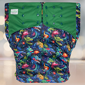 EcoAble Diaper Cover 2.0 in Dragon print—fiery design for adults managing incontinence.