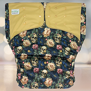 EcoAble Pocket Diaper 2.0 in Skulls & Roses—mixing gothic skulls with vivid red roses.