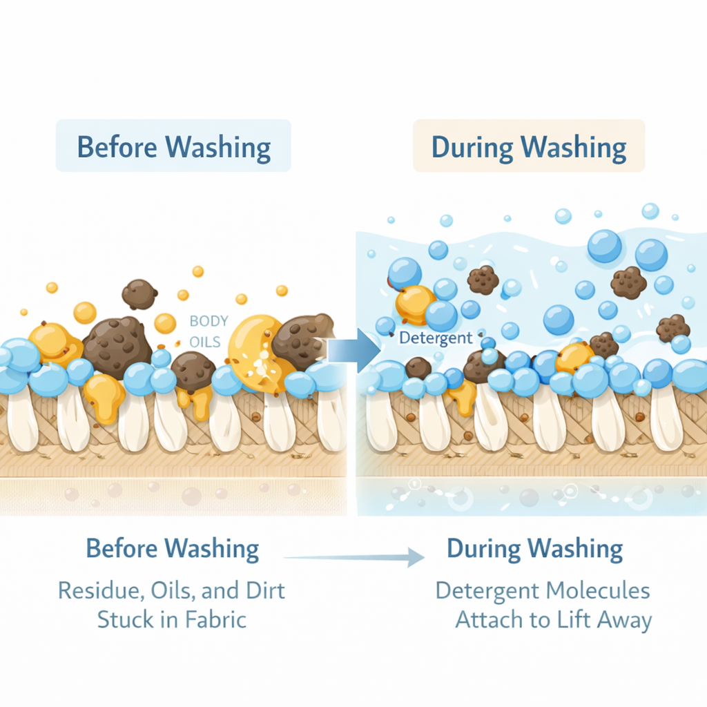educational diagram showing detergent molecules lifting oils and urine residue from cloth diaper fibers