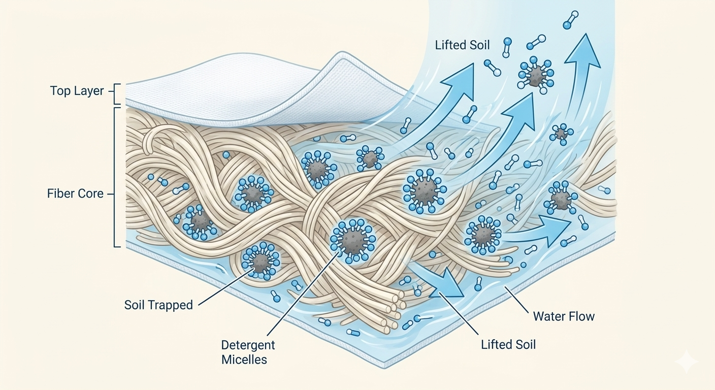 diagram showing detergent molecules lifting soil and residue from cloth diaper fabric fibers
