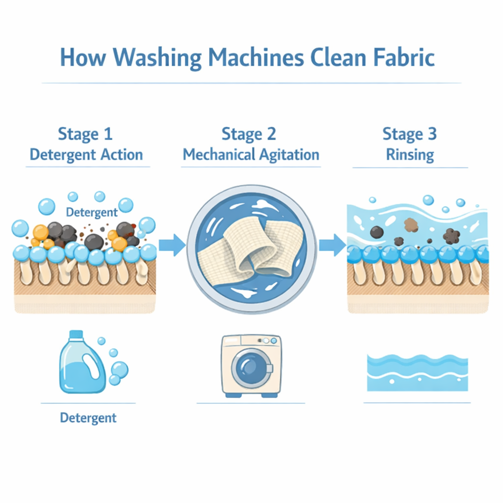 diagram showing how washing machines clean cloth diapers using detergent agitation and rinsing stages