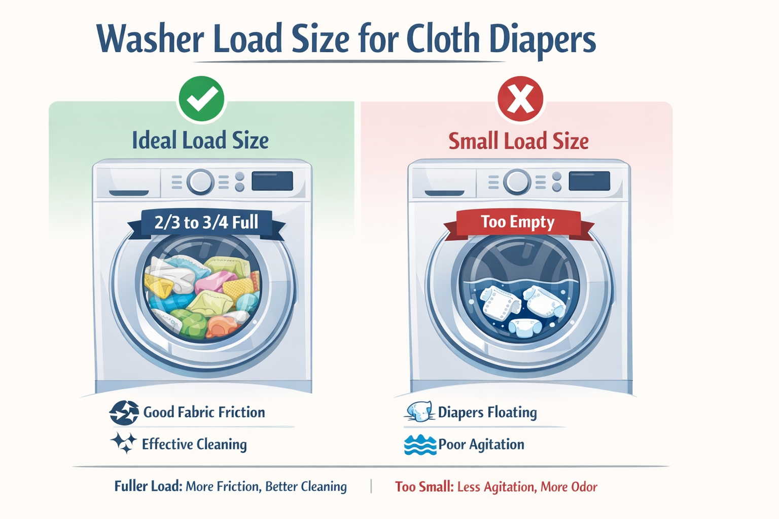 proper washer load size for cloth diapers compared to small load causing poor agitation
