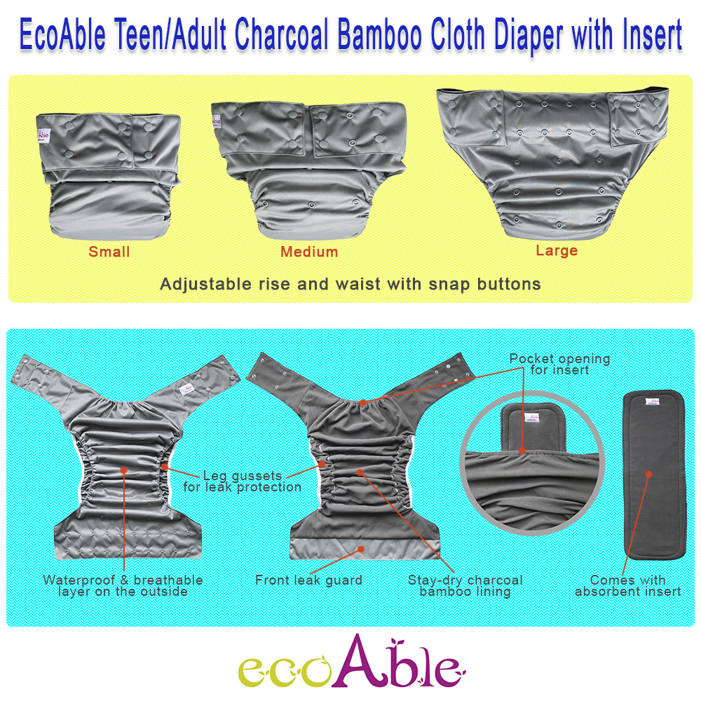 EcoAble Teen & Adult Incontinence Cloth Diaper with Charcoal Bamboo Insert Pad, One Size