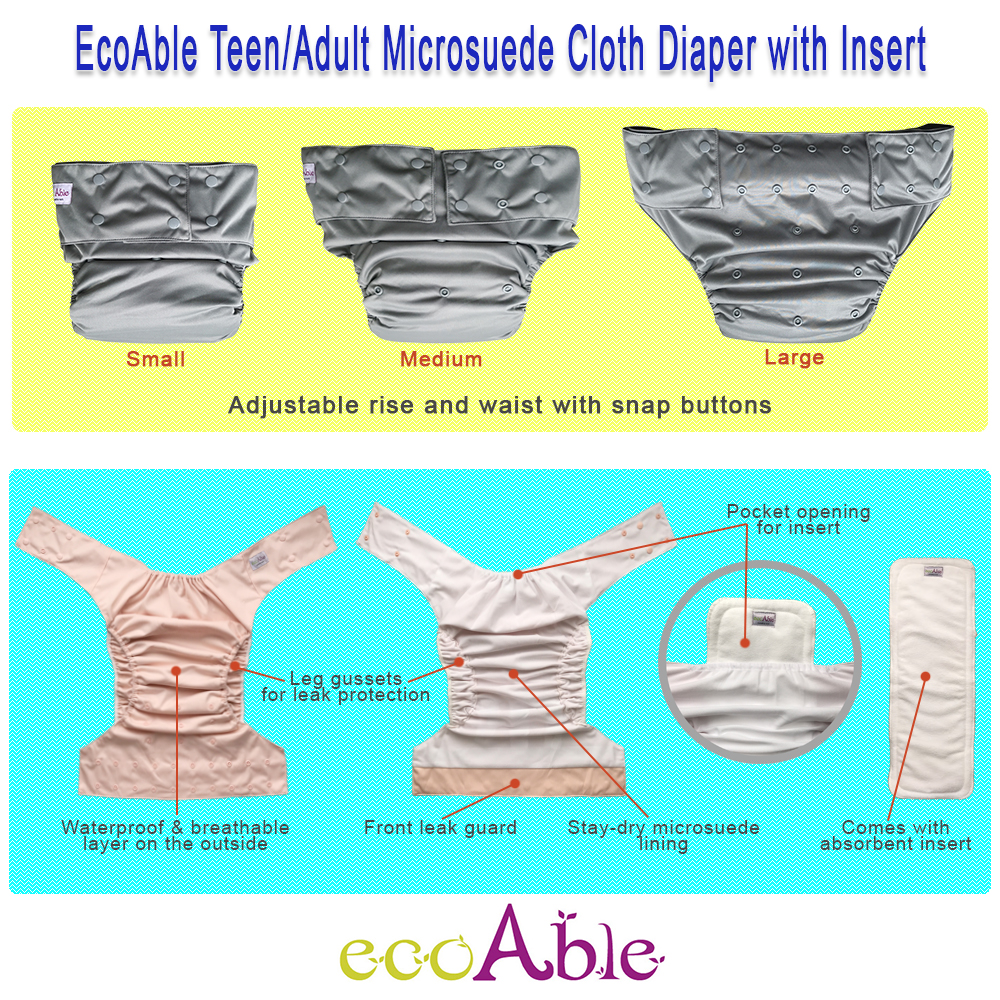 EcoAble Teen & Adult Incontinence Cloth Diaper with Microfiber Insert Pad, One Size