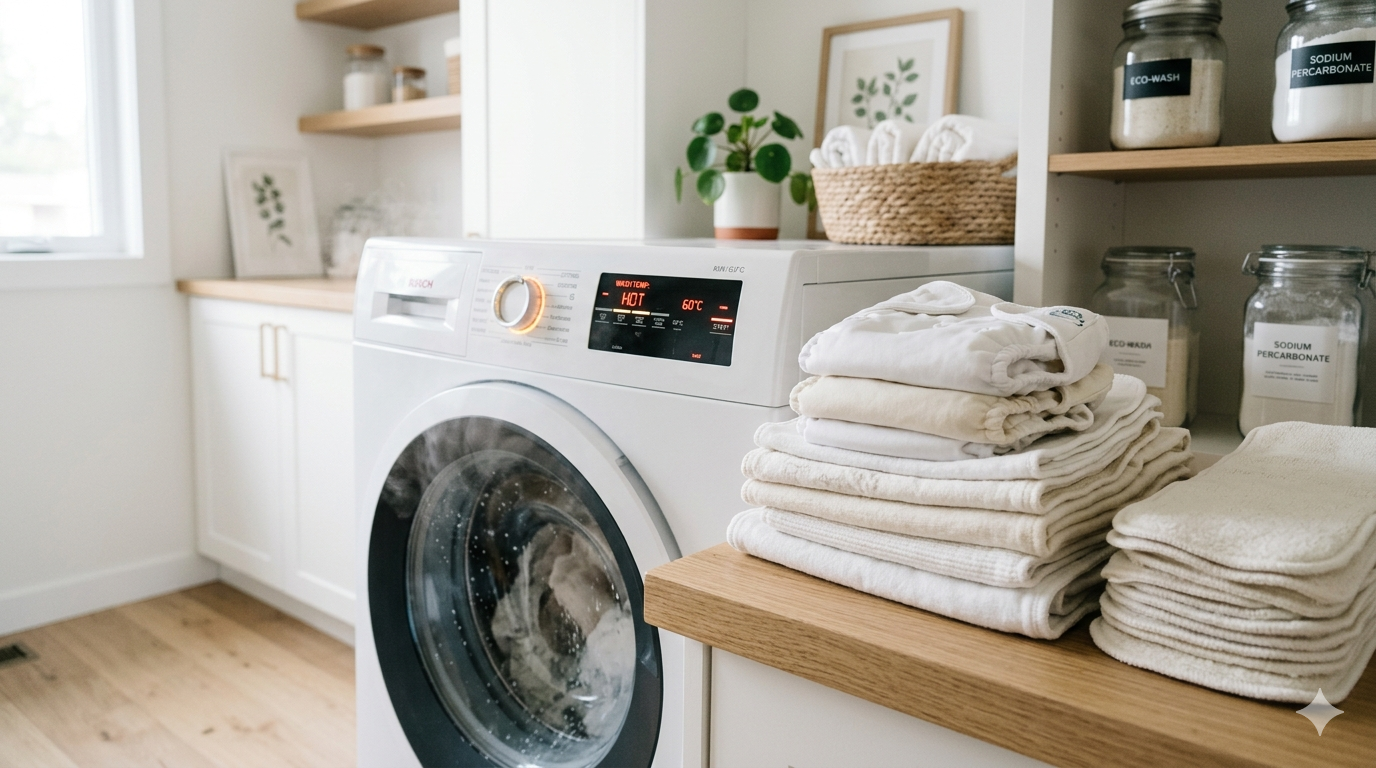 washing machine temperature settings warm and hot next to clean cloth diapers in a laundry room